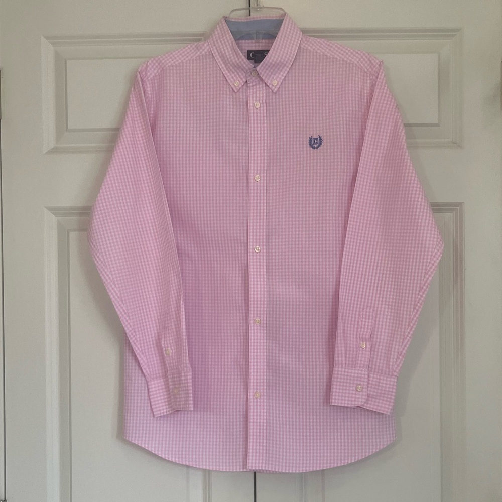 Boys Chaps Pink Gingham Check Poplin Button Down Shirt, Size XL (18-20)